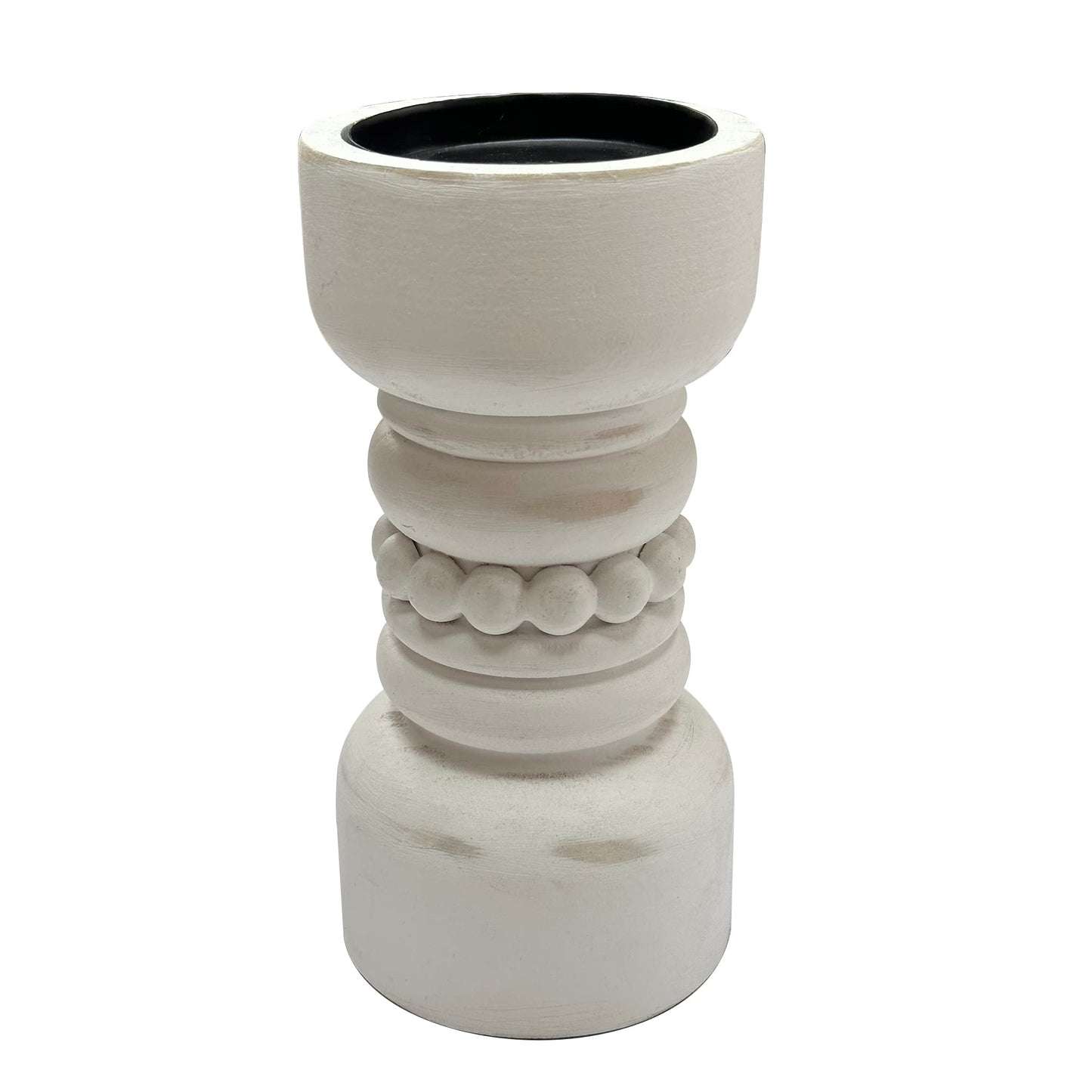dwellington Farmhouse Rustic Wood Pillar Candle Holder, Decorative Beaded Candlestick Holder Stand for Home Decor, Gifts, Wedding (White)