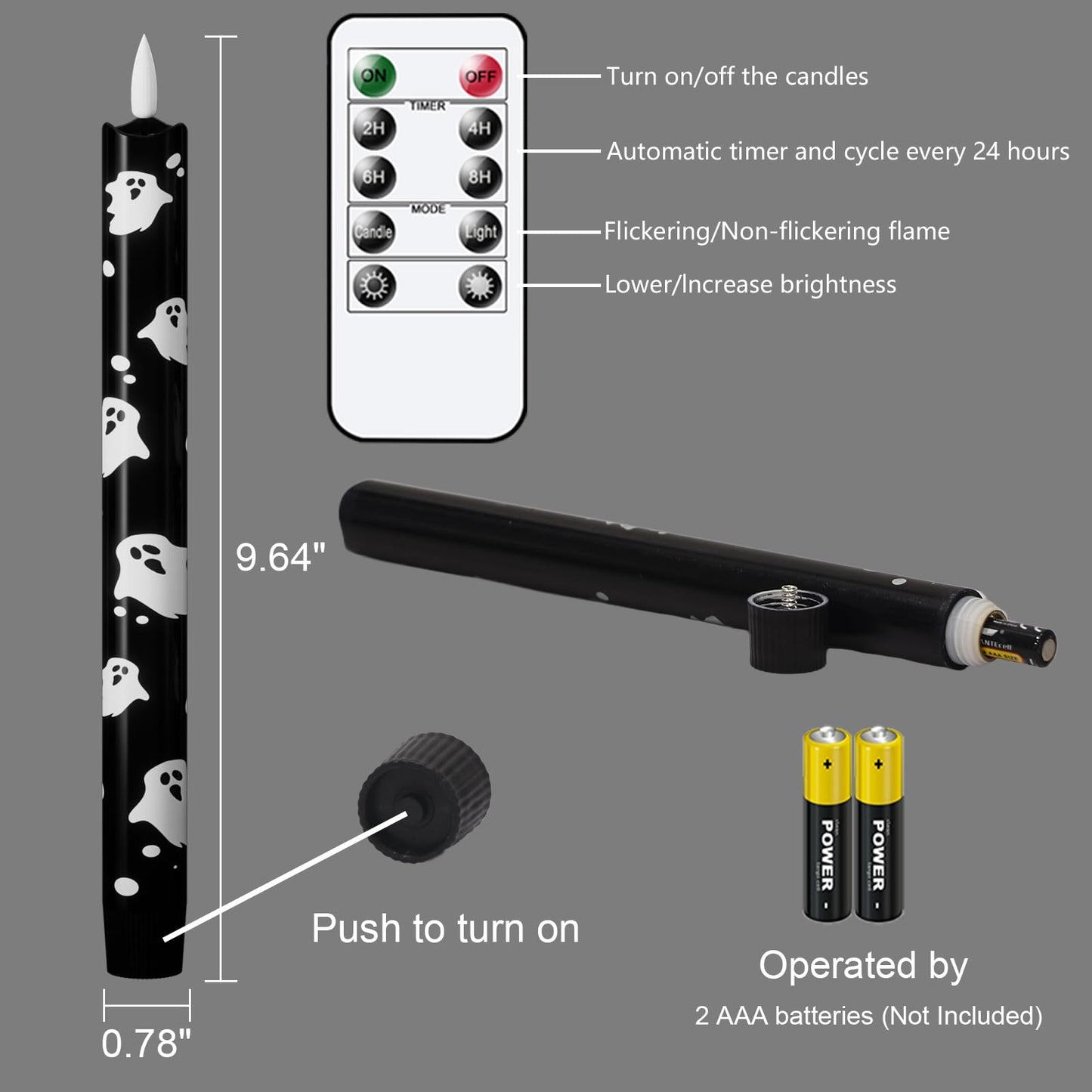 Wondise Black Halloween Flameless Taper Candles with Remote & Timer, Halloween Battery Operated Ghost Candles Waxy with 3D Wick Flickering for Halloween Decorations