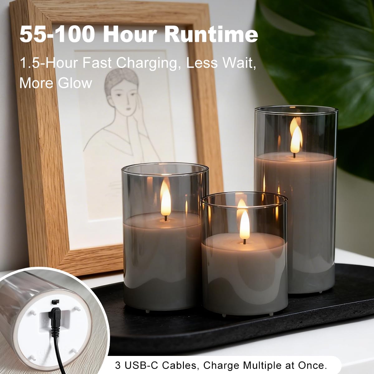 NICE POINT Rechargeable Flameless Candles, Flickering LED Flame Pillar Glass Fake Candles with Remote and Timer,Real Wax Flameless Candles for Living Room, Bedroom & Holiday Décor(Gray)
