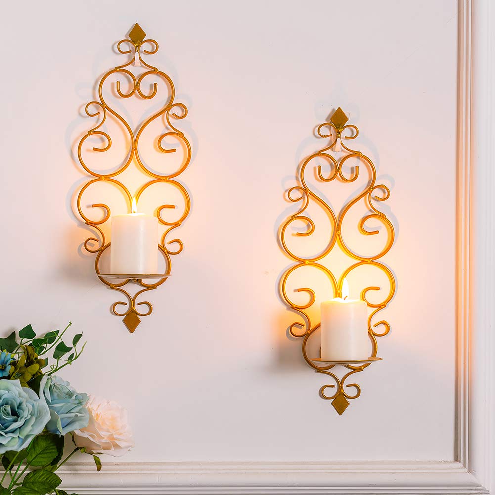 Sziqiqi Iron Wall Candle Sconce Holder Set of 2 Hanging Wall Mounted Pillar Candle Sconces Holder, Wall Sconces Decor for Bedroom Dining Room, Gold
