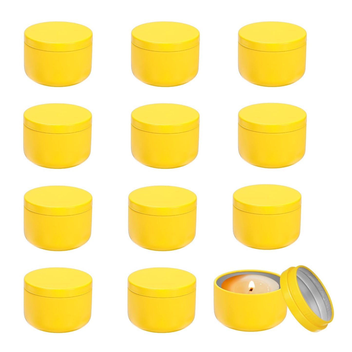MECCANIXITY 3oz Candle Tins, 12pcs Metal Candle Tins Jars with Lids Round Empty Tin Can Containers Bulk for Storage Tea and Making DIY Arts Crafts Christmas Gifts, Yellow
