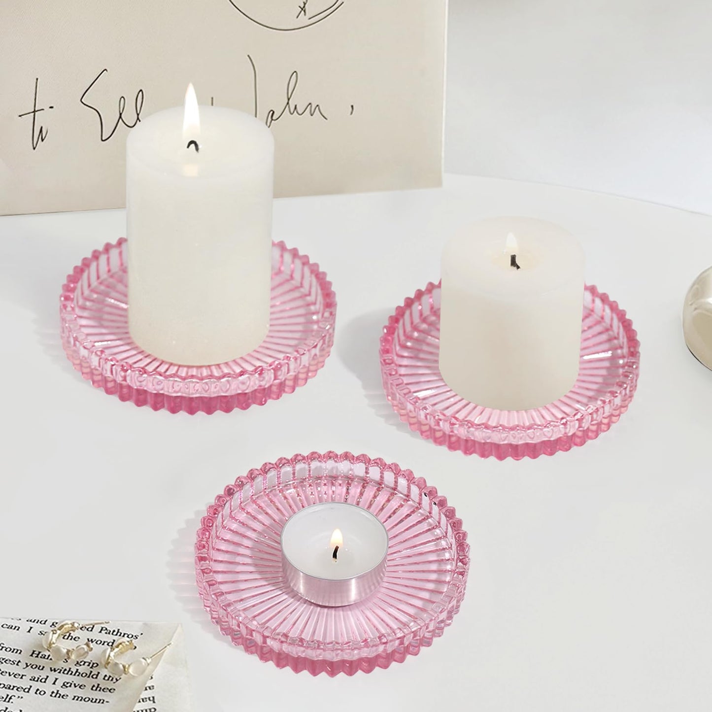 CHOCSTAY Glass Pillar Candle Holder, 4" Pink Candle Plates Set of 3, Glass Candle Holders for Wedding, Party, Holiday, Home Decor, Table Centerpiece