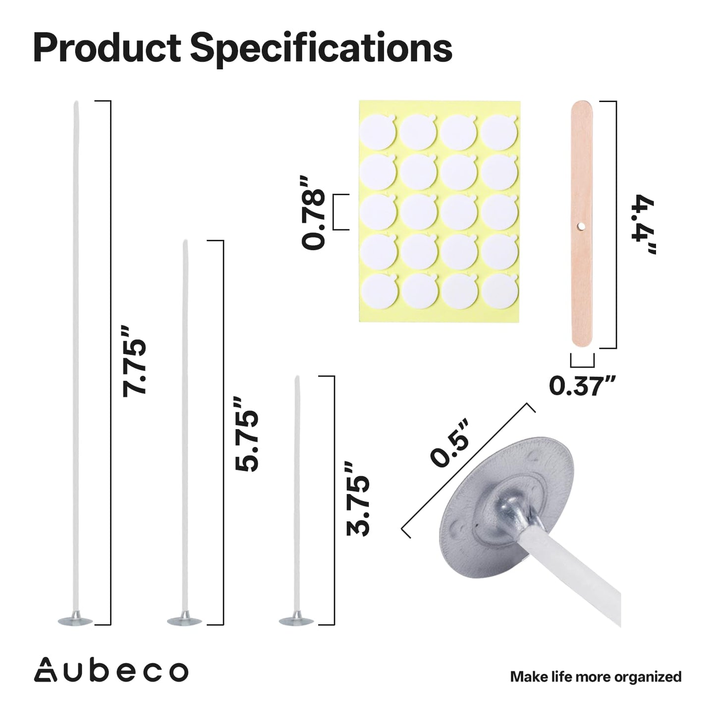 Aubeco 320Pcs 4/6/8 inch Pre Waxed Candle Wick with 320Pcs Wick Stickers and 10Pcs Candle Wick Holders, Bulk Cotton Candle Wicks for Candle Making, Soy Wax