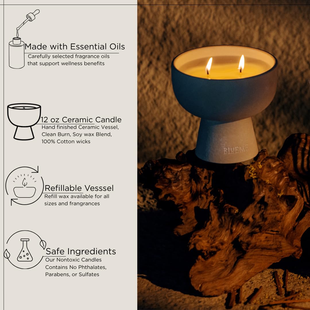 Blueme Calm Candle | Osmanthus & Sandalwood | 2 Wick - Refillable Wellness Candle with Essential Oils, Hand Finished & Poured Soy Wax Blend Ceramic Vessel, Natural Cotton Wicks | Medium 12 oz