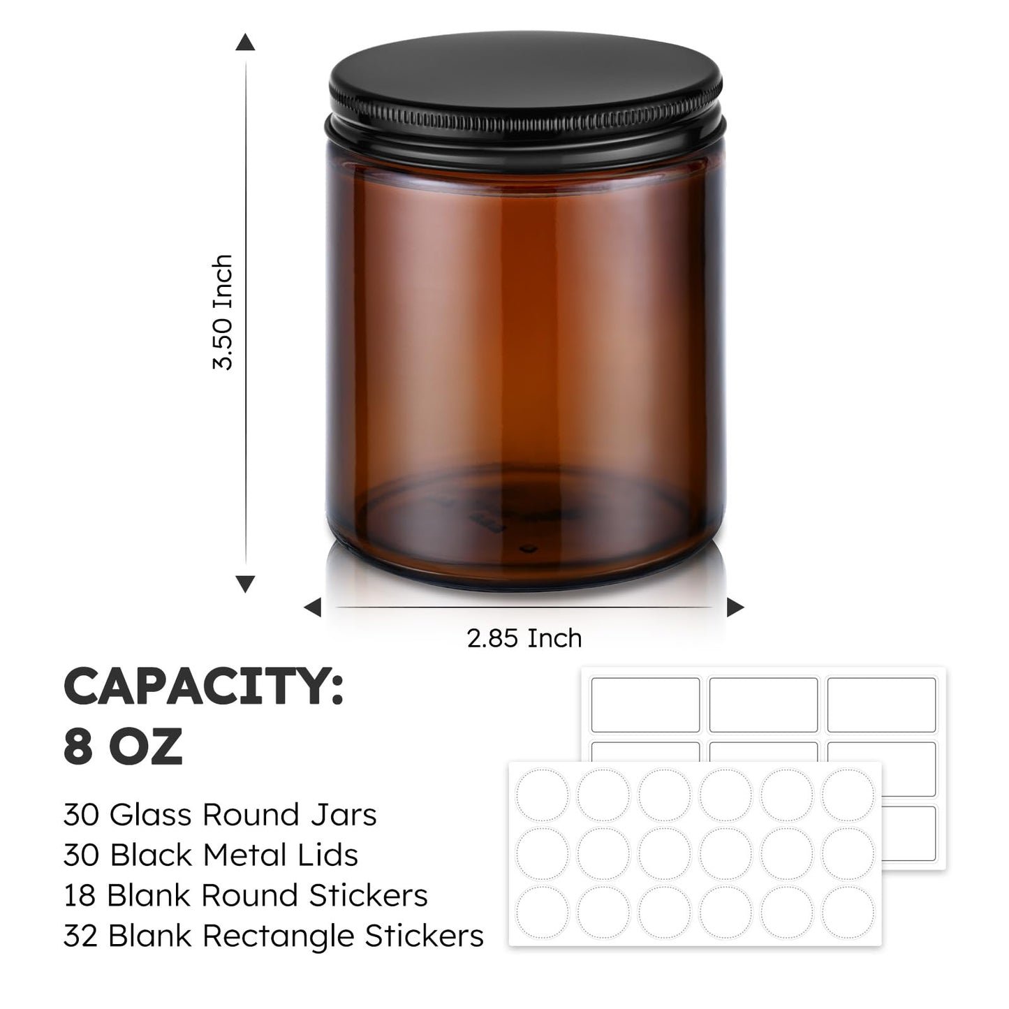 Tecohouse 8oz Glass Jars with Lids, 30 Pcs Amber Candle Jars for Making Candles with White Labels & Inner Liners, Empty Airtight Round Cosmetic Containers for Cream, Spice, Lotion, Ointments, Liquid
