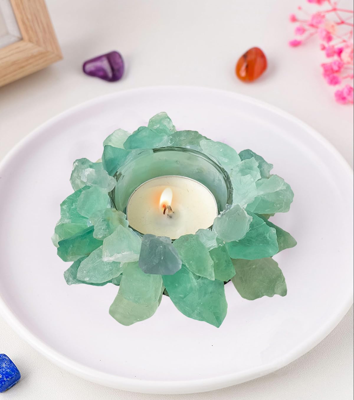 Natural Green Fluorite Crystals, Raw Crystal Tealight Candle Holder Crystal Stone Candle Stand High Energy Geode Votive with Healing Effects (Not Included Candle)