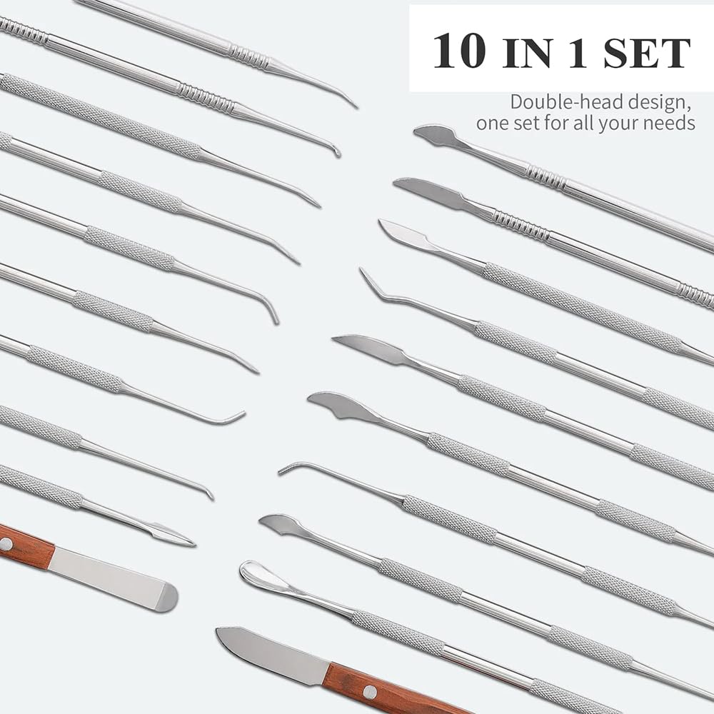 10 PCS Dental Wax Carving Tools Stainless Steel Waxing Modeling Kits with Case, Wax Carvers Set, Plaster Knife Metal Clay Sculpting Pottery Sculpture Tools Double Ended Tools