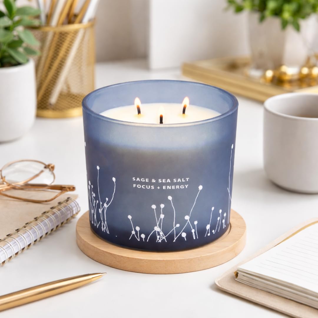 White Sage Sea Salt 3 Wick Candle - Large Soy Scented Candle 14.5 oz - Sage Candle for Cleansing House - Aromatherapy Energy Cleansing Candle for Home, Stress Relief, Women & Men