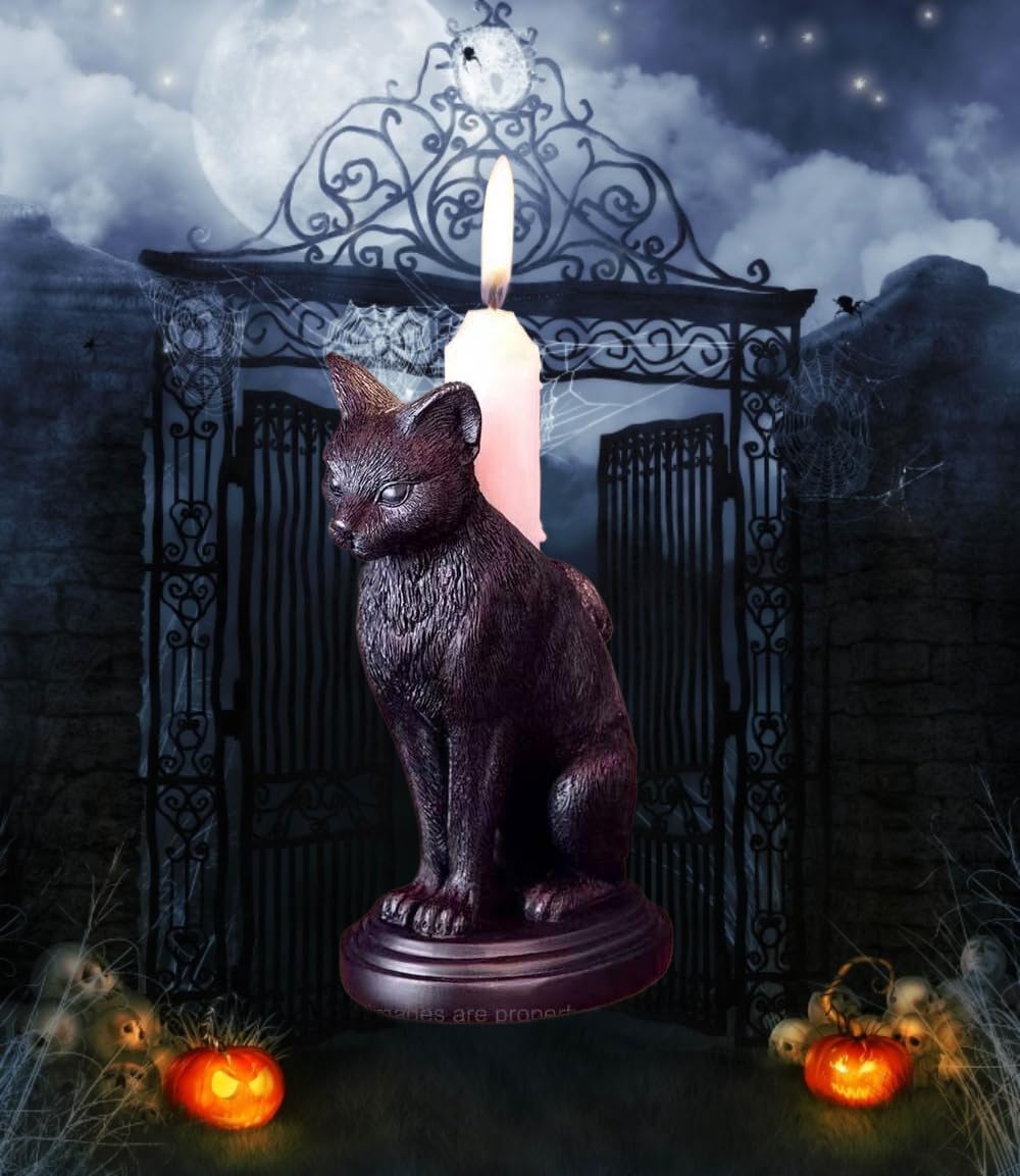 Gothic Black Cat Candle Holder Statue,Resin Cat Candlestick Holder,Halloween Gothic Tabletop Decor for Home,Dining Table & Party,Witchy Cat Figurine Gift (cat)