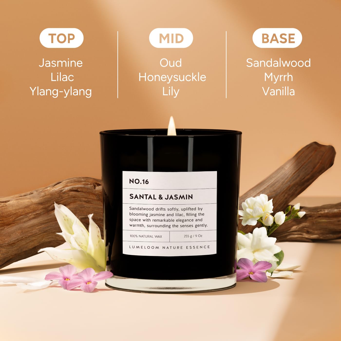 Santal & Jasmine Luxury Scented Candles, 9oz Soy Wax Candles for Home Scented, Jasmine, Sandalwood, Lilac Scent, Long Burning Time, Gifts for Women, Friends, Men, Sister, Teacher, Housewarming