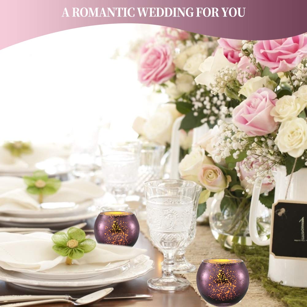 DerBlue 16Pcs Round Mercury Glass Votive Candle Holders for Wedding Centerpieces, Valentines Dinner, Garden Tub and Any Theme Events (Purple)