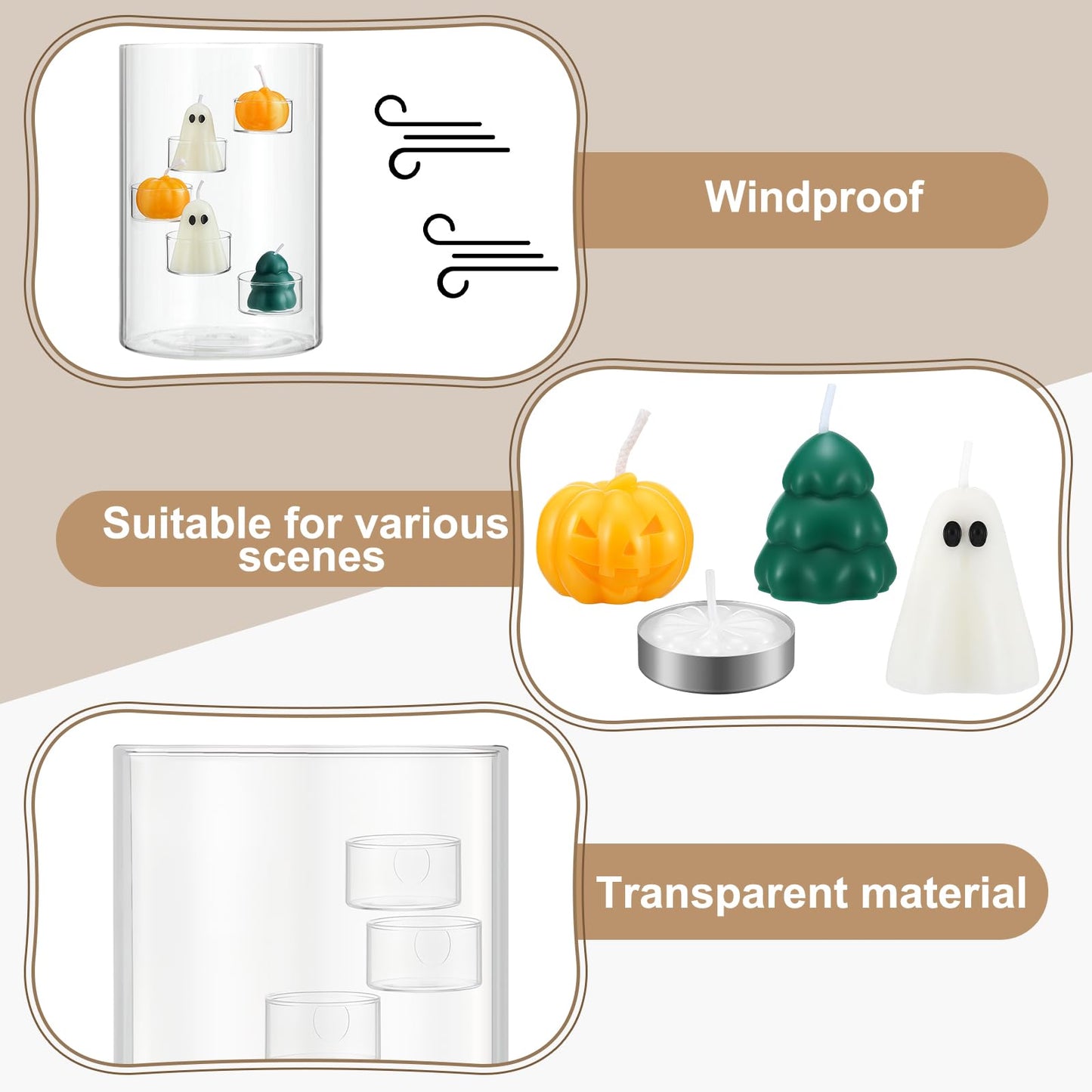 Reallnaive Halloween Glass Hurricane Candle Holder with Candles and Tea Light Clear Cylinder Pillar Candle Holder for Halloween Table Centerpiece Decorations(23 Candles,Three Style)