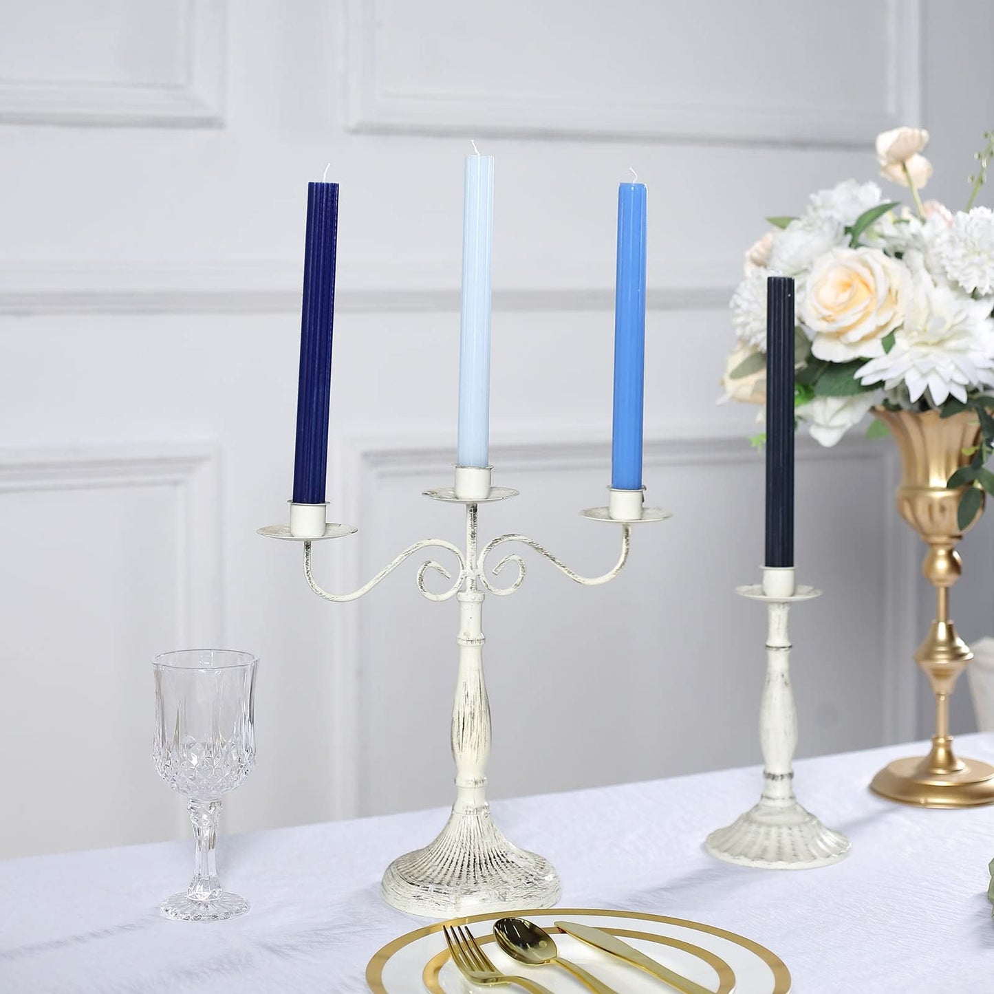 Tableclothsfactory 5 Pack | 9" Assorted Blue Premium Unscented Ribbed Wick Taper Candles, Tall Ribbon Wax Dinner Candles