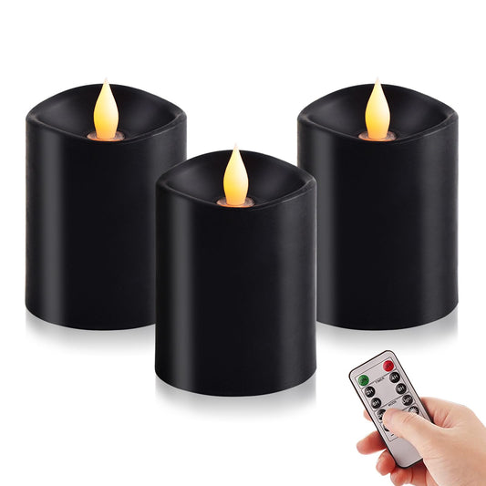 3x4 Flickering Flameless Candles Set of 3, 2AA Battery Life 600 Hours Battery Candles Flickering with Timer,4 inch Flameless Candles with Remote for Home Wedding Party Halloween Decoration, Black