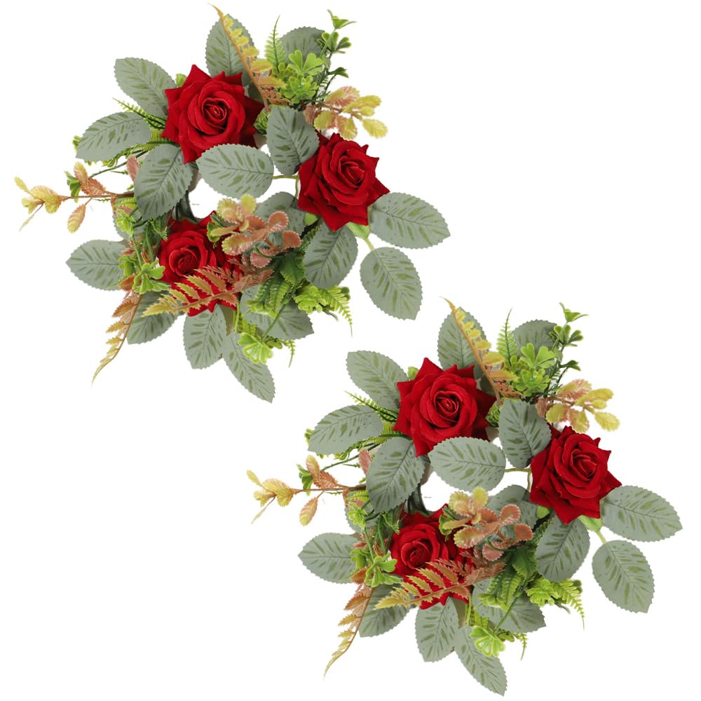 2Pcs Candle Rings Wreaths Artificial Red Rose Floral Candle Holder Fake Greenery Leaves Mini Wreath for Christmas Table Centerpieces Wedding Home Party Decor (Red)
