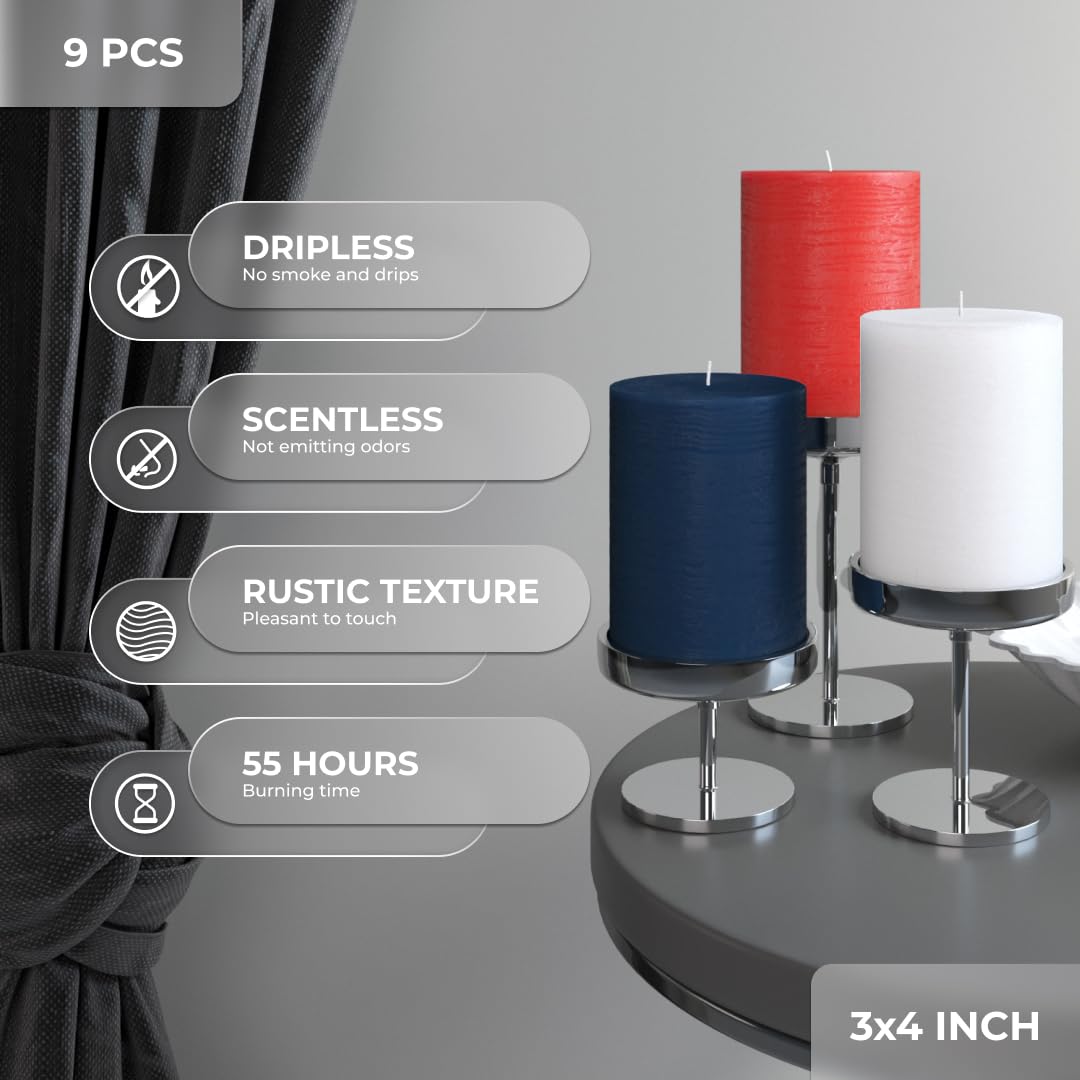 CANDWAX 3x4 Inch Pillar Candles Bundle - 3 White, 3 Dark Blue, 3 Red Candles - Unscented Decorative Candle - 9 Pack