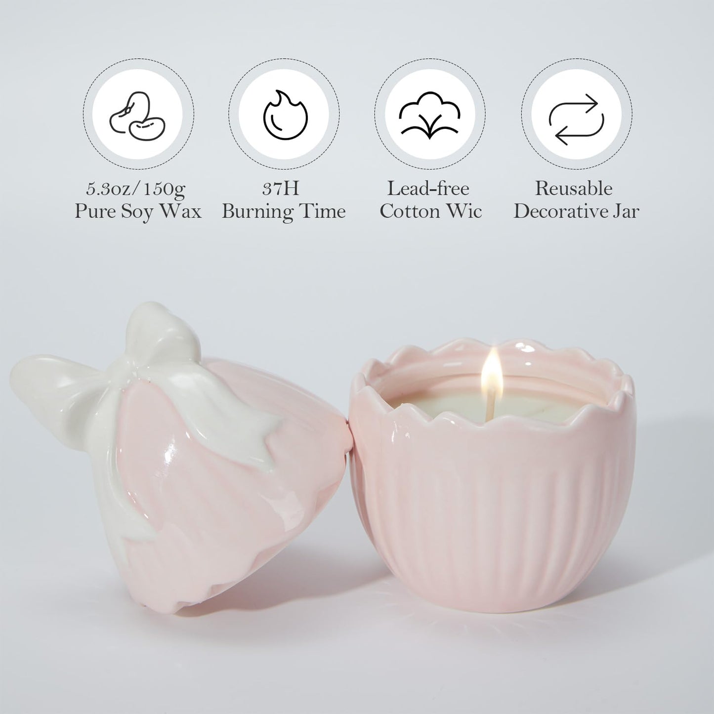 WDS WONDROUS 2-Pack Easter Bunny & Bow Ceramic Jar Candles, Egg Shaped Soy Wax Scented Candles with Daisy and Striped Design, Spring Home Decor Gift Set for Women, Pink Farmhouse Table Centerpiece