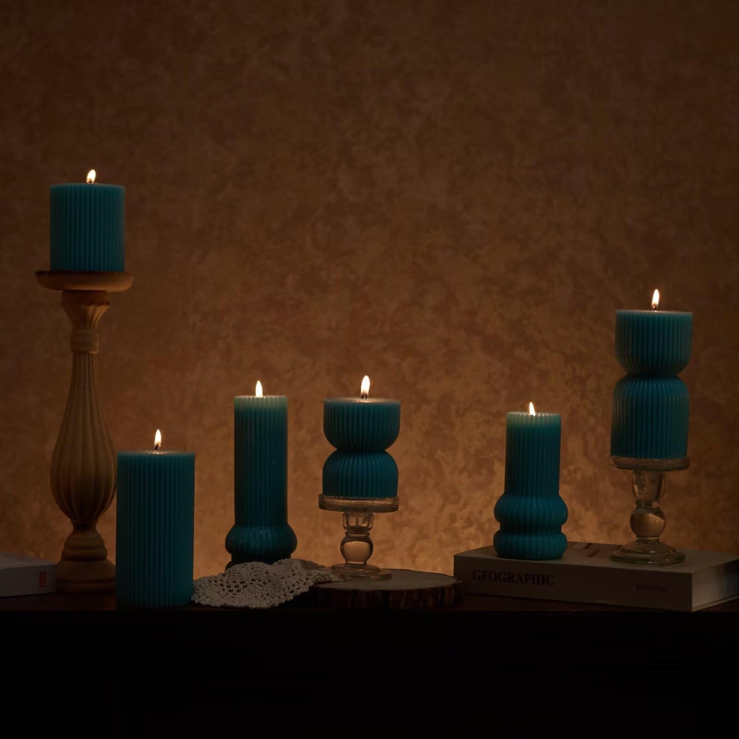 MOZEAL Hand-Poured Classic Ribbed Soy Pillar Candles Set of 3 - Decorative Turquoise Unscented Dripless Smokeless (3"x4",6",8") 300 Hr Burn - Timeless Home Décor