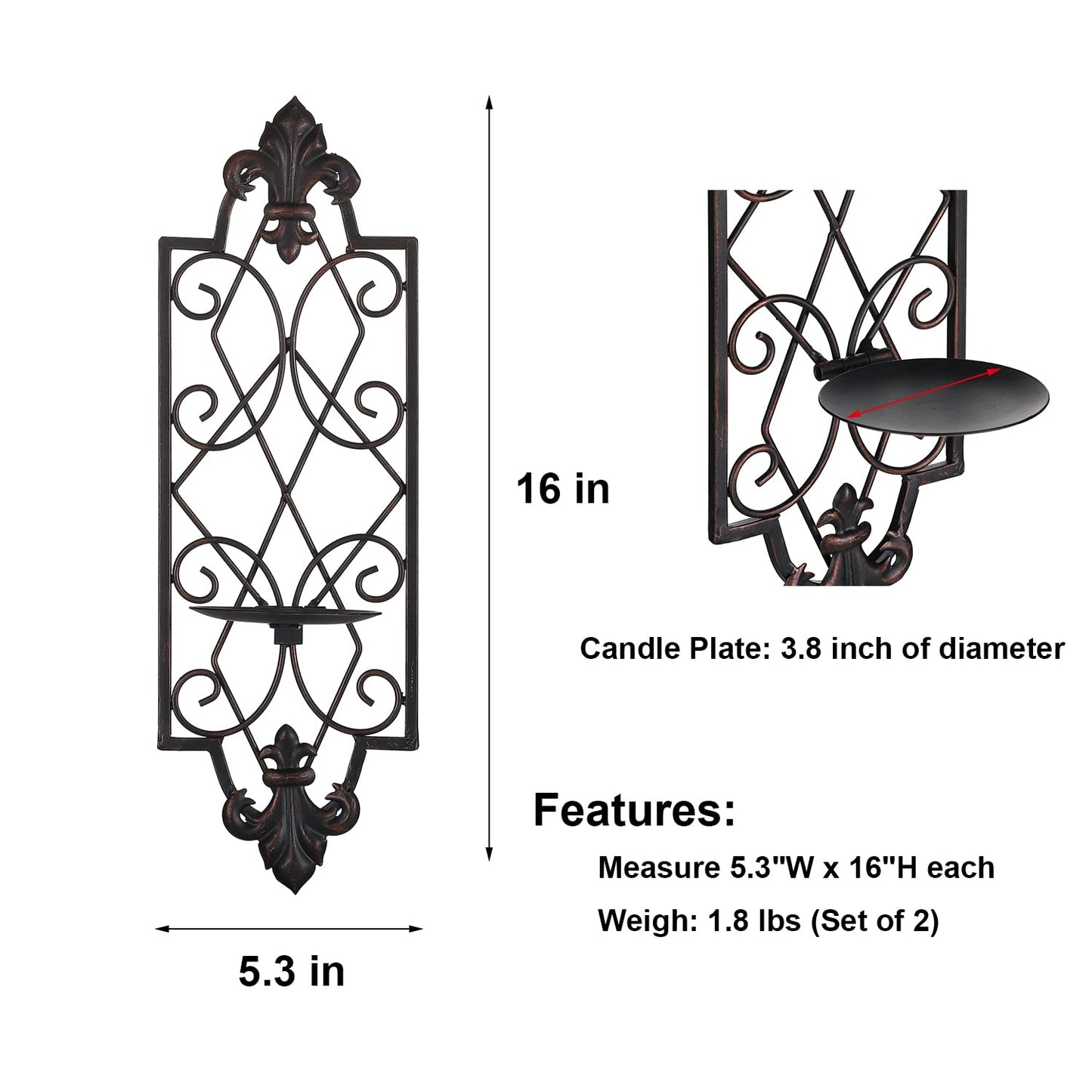 GUSUWOD Set of 2 Metal Wall Sconce Candle Holders, Fleur De Lis Detailed