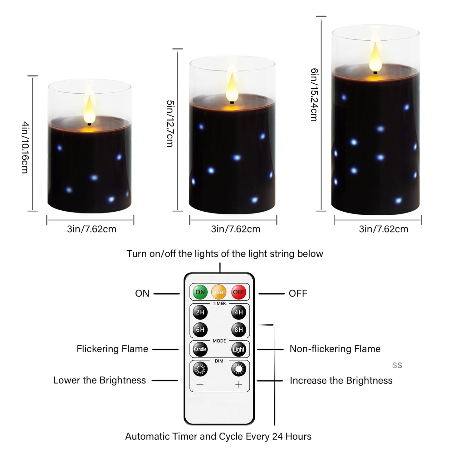 Nimiko Real Wax Flameless Candles Glass,Battery Operated LED Candles with Flickering Flame,Glass Shell,Interior Star Light Decoration Set of 3 Black (D3×H 4" 5" 6") for Home Decor,Holiday Decoration