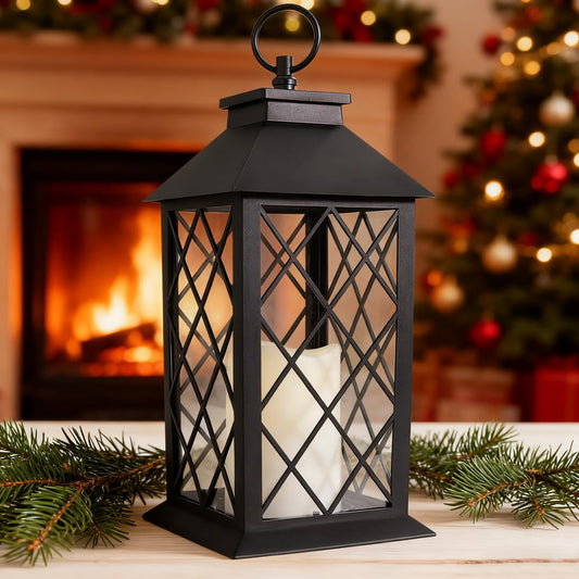 Bright Zeal 13.5" Black Vintage Candle Lantern with LED Pillar Candle and Timer - IP44 Waterproof Outdoor Decorative Hanging Lantern Porch Light