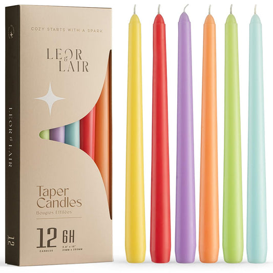 Leor & Lair Spring Taper Candles - 12 Pack - 10 Inch Colorful Easter Dinner Candles, 6 Hour Burn Time - Spring Candlesticks for Easter, Summer & Wedding Decoration
