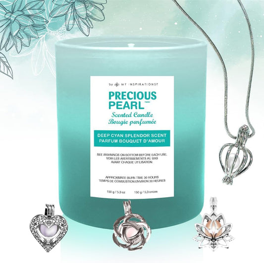 Precious Pearl by My Inspirations Charmed Aroma Candle Scented, Soy Candles with Jewelry Inside, Aromatherapy, 150G/5.3OZ, Bergamot Lemon Green Tea Scent (Deep Cyan Splendor)