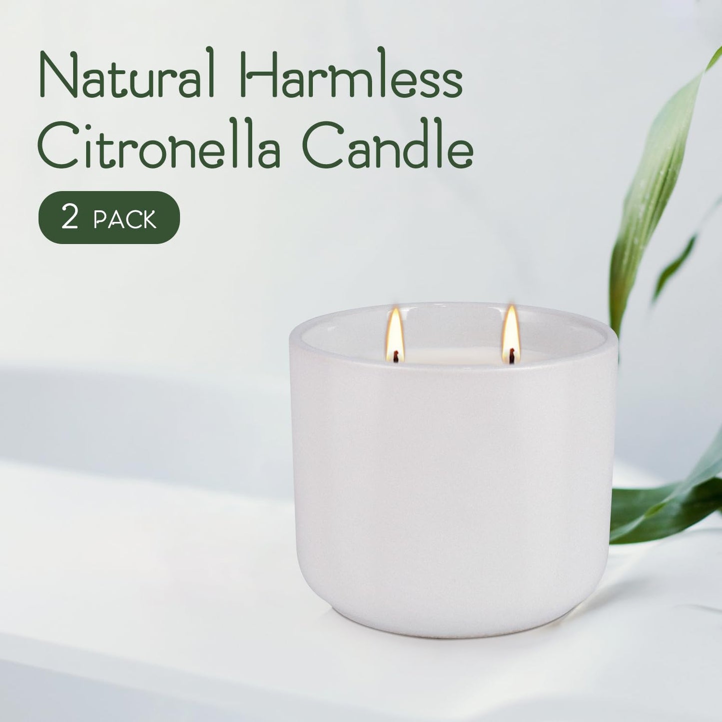Wfmolcand 2-Pack Citronella Candles in White Ceramic Jars - 2 Cotton Wicks, Citronella Oil with Elegant White Pillar Design Perfect for Outside Patio, Camping & Garden, Summer Gifts for Indoor Home