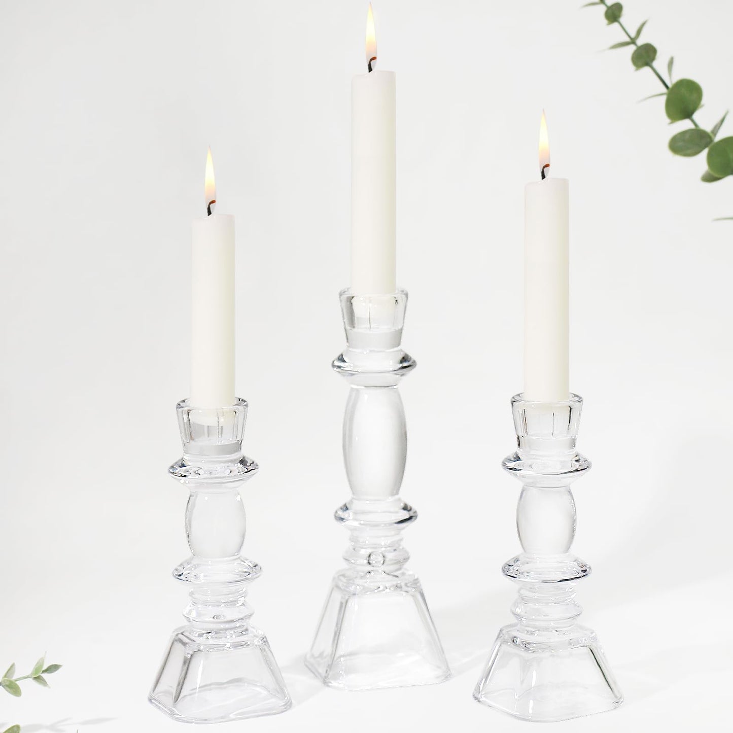 CHOCSTAY Glass Candlestick Holders Set of 3, Clear Taper Candle Holders for Table Centerpiece, Home Decorations, Wedding and Party