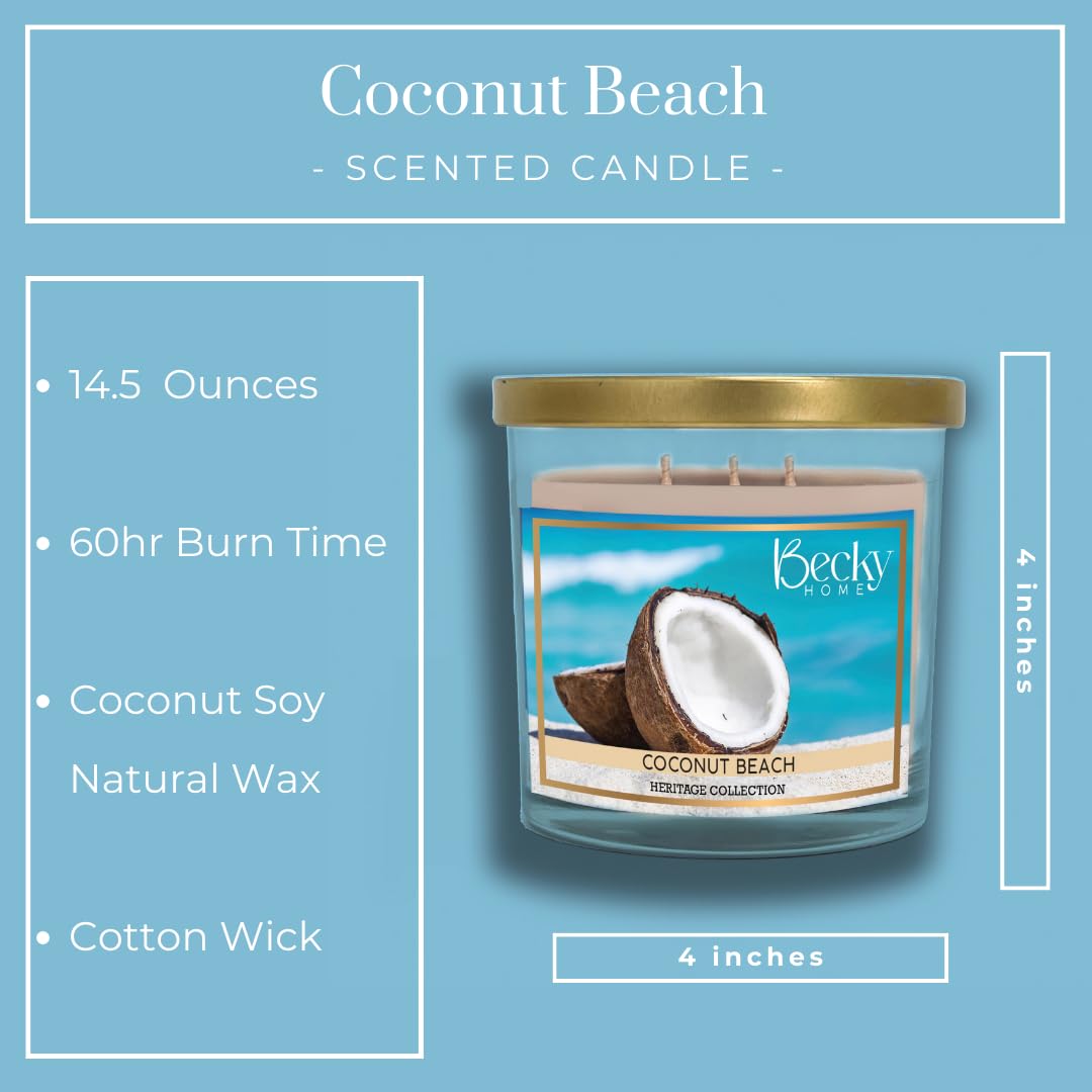 Becky Home 3 Wick Candle, 14.5oz Coconut Beach Candle, 3 Wick Candles Clearance, Big Candles, Three Wick Candle, 3 Wick Candle Jars