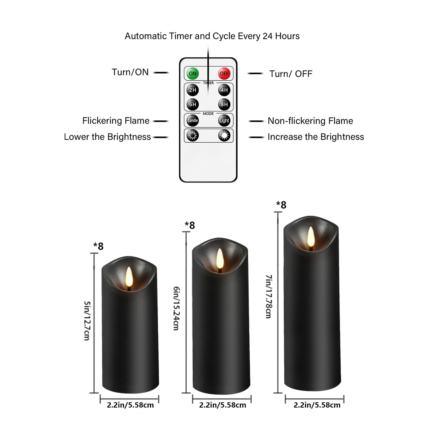 Nimiko Flameless Candles with Remote, Battery Operated Flickering Flameless Candles, LED Candles with Timer 2/4/6/8H, with Realistic LED Candles Set of 24 (D2.2 x H 5" 6" 7") (Black)