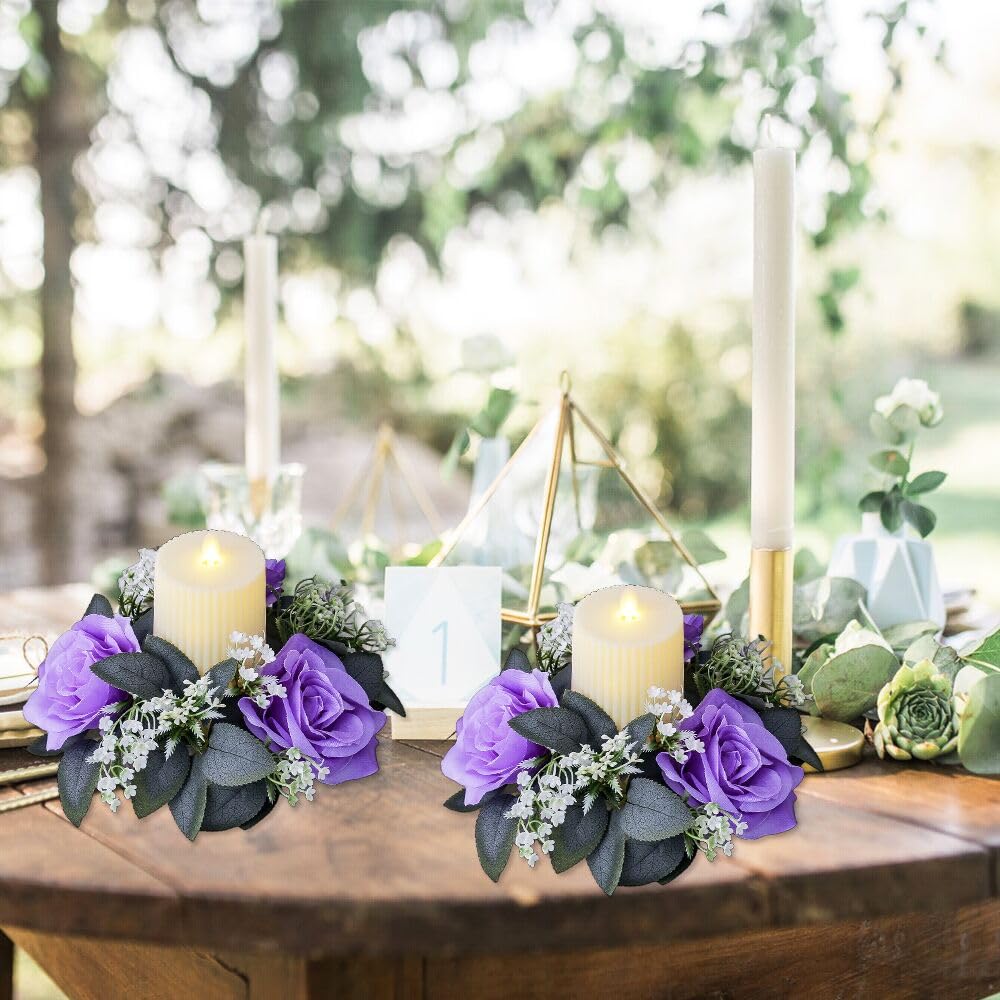 2 Pack Artificial Rose Candle Rings,Floral Wreaths with Eucalyptus Leaves Greenery Garland for Pillar Candle Lantern Wedding Centerpiece Party Home Table Decor (Purple)