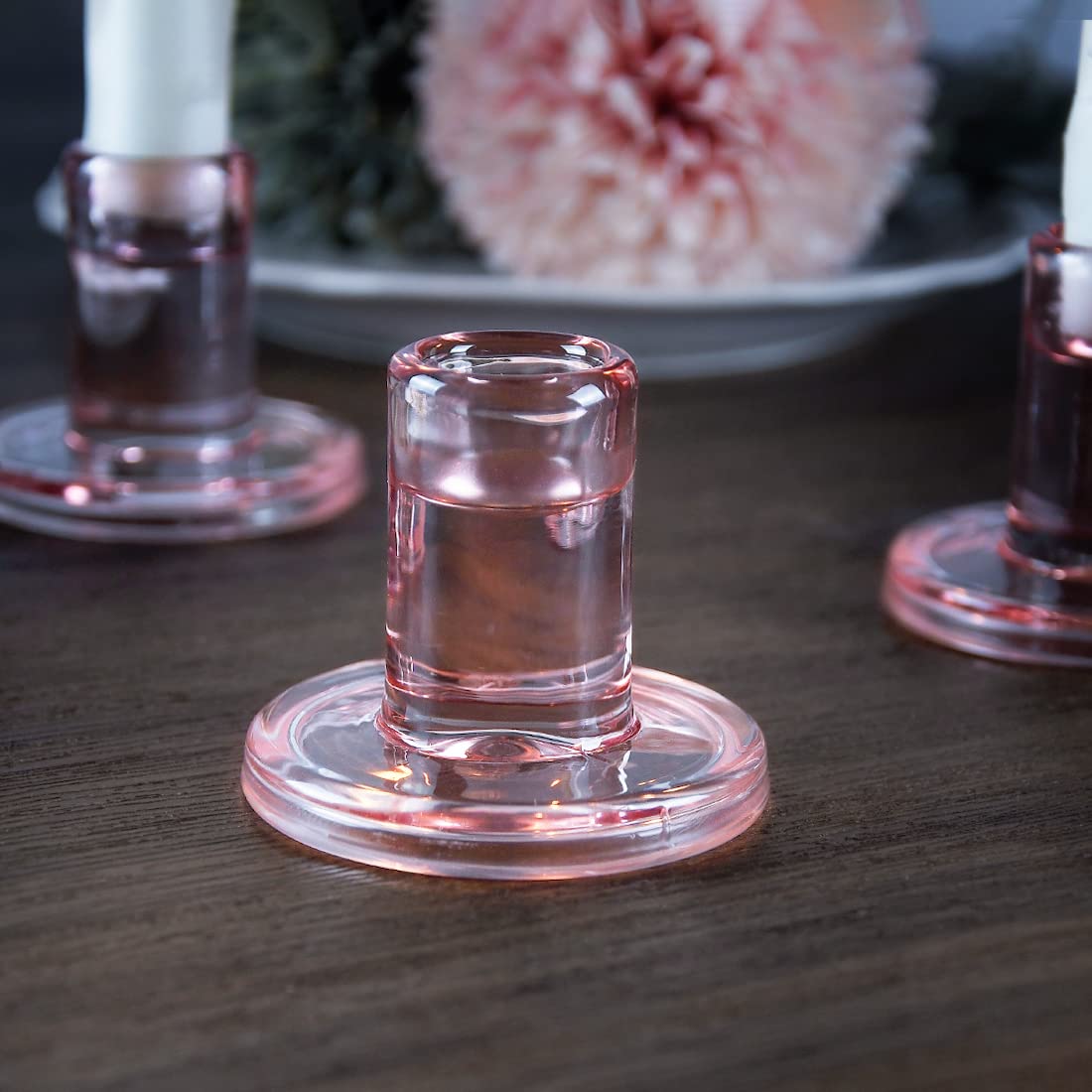 TELOSMA Pink Glass Candle Holders 6PCS for Taper Candles, Candlestick Holders Fit to Taper Candle which Diameter 5/6-7/8 inch, for Wedding Party, Valentine's Dating Dinner Table Decor