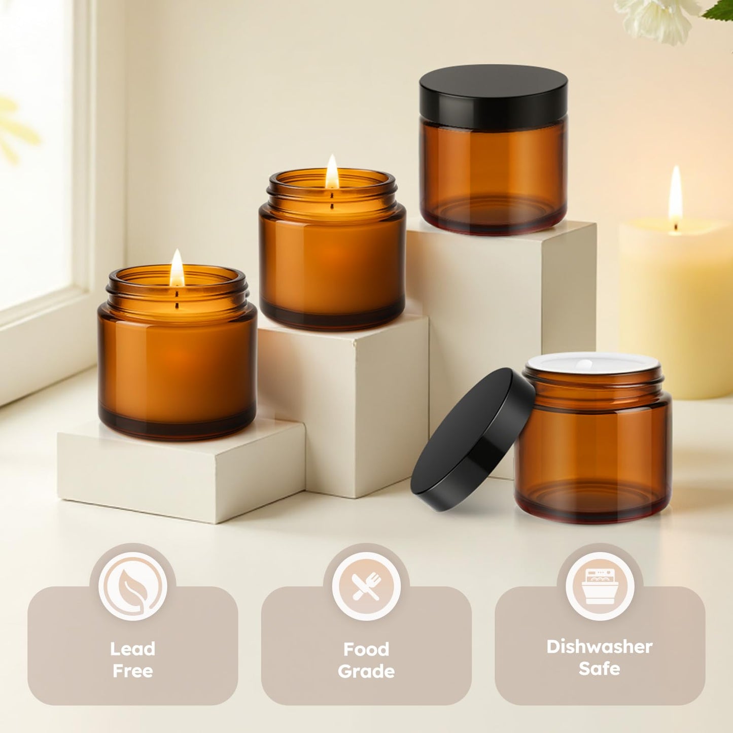 4 oz Glass Jars with Metal Lids, 24 Pack Amber Small Glass Jars with Black Lids Leakproof Round Airtight Empty Cosmetic Travel Containers with Inner Liners For Lotions Powders and Candle Making