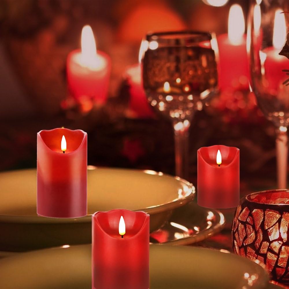 HEIOKEY 3 Pack Red Flickering Flameless Candle Set, Battery Operated Candles with 10-Key Remote Control, Electric Pillar Candle with Timer, Dancing Flames Real Wax Fake Candle for Festive Celebrations
