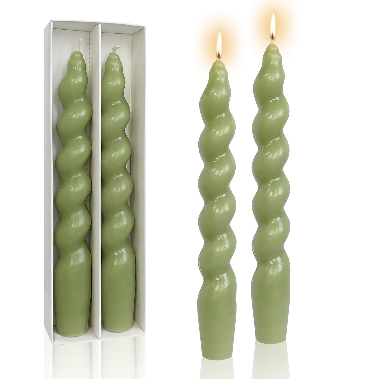 Smokeless Green Short Spiral Twisted Taper Candle，7.5 Inches Dripless Candlesticks 2 Pack Unscented Stable Flameg Candle for Home Decor Weddings & Holiday