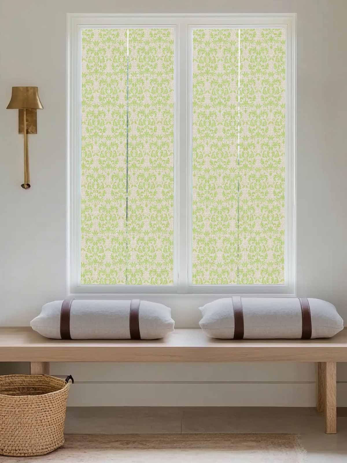 Vintage Green Privacy Window Film, Baroque Textures Abstract Flower Linen Stained Glass Film Non-Adhesive Window Clings, UV Blocking Static Sticker Covering Reusable for Home 19.6x39.3in