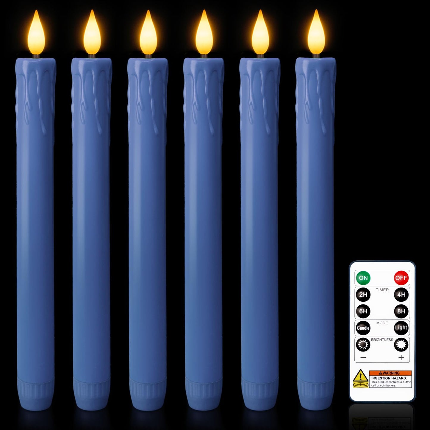 Homemory 6 Pcs Real Wax Blue Flameless Taper Candles with Remote Timer, 9.6 Inches LED Fake Candlesticks, LED Candle with 3D Flickering Flame for Romantic Wedding, Dinner, Xmas Anniversary Decor