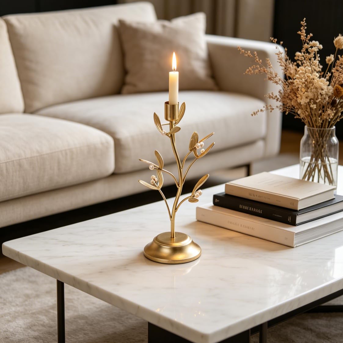 Candle Stick Holder Table Decor - Elegant Golden Metal Mistletoe Candle Holder Decorative for Coffee Gold for Living Room Symbol of Love and Life Flower Gifts 4.6 x 4.6 x 10 Inch Guichifun