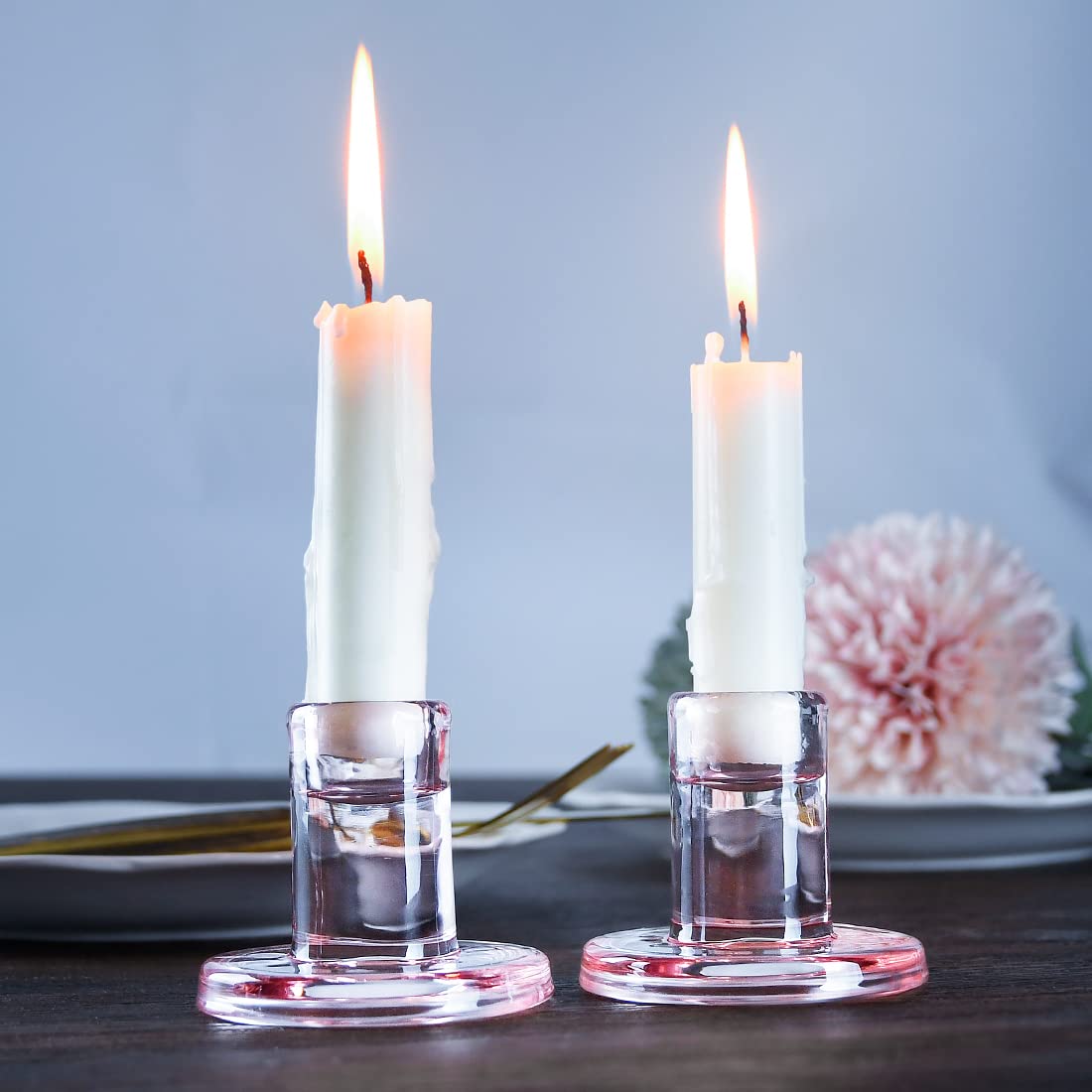 TELOSMA Pink Glass Candle Holders 6PCS for Taper Candles, Candlestick Holders Fit to Taper Candle which Diameter 5/6-7/8 inch, for Wedding Party, Valentine's Dating Dinner Table Decor