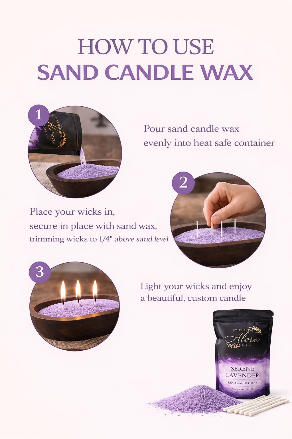 Candle Sand with 10 Wicks – 1 LB Refillable Candle Wax for DIY Candles, Wedding Centerpieces, Home Decor, Candle Making Kit, Candle Sand with Wicks – Lavender Serenity
