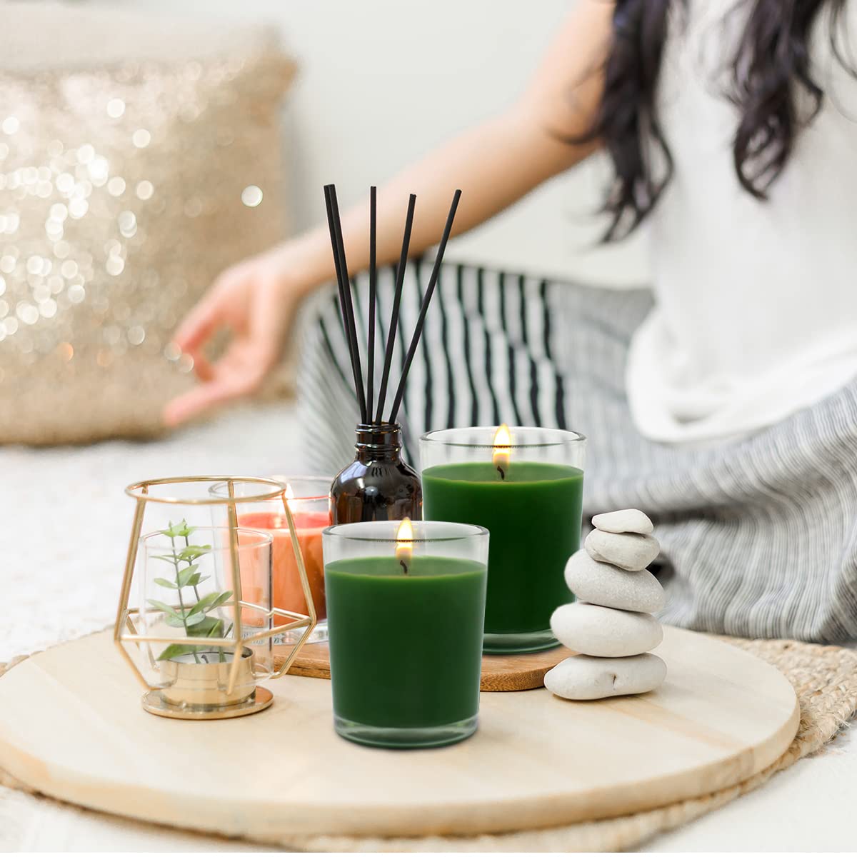 Unscented Green Votive Candles in Glass, Natural Small 2.0 Inch Soy Wax Candles for Home Party Weddings Holiday, 20 Packs