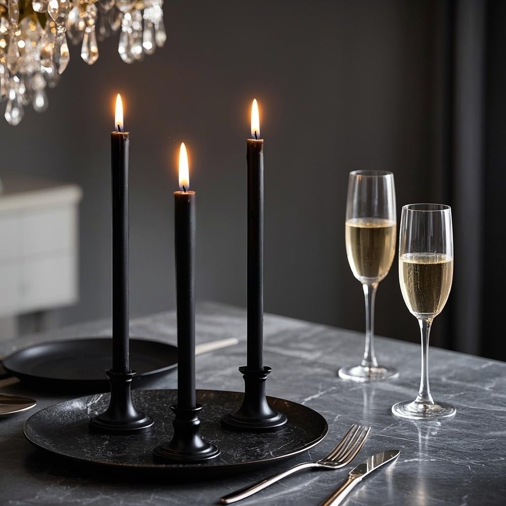 12-Pack Black Taper Candles, 10 Inch Unscented Dripless Candlesticks, Long-Lasting Burn Time of 7-8 Hours, Perfect for Halloween Decor Parties Meditation and Home Ambiance