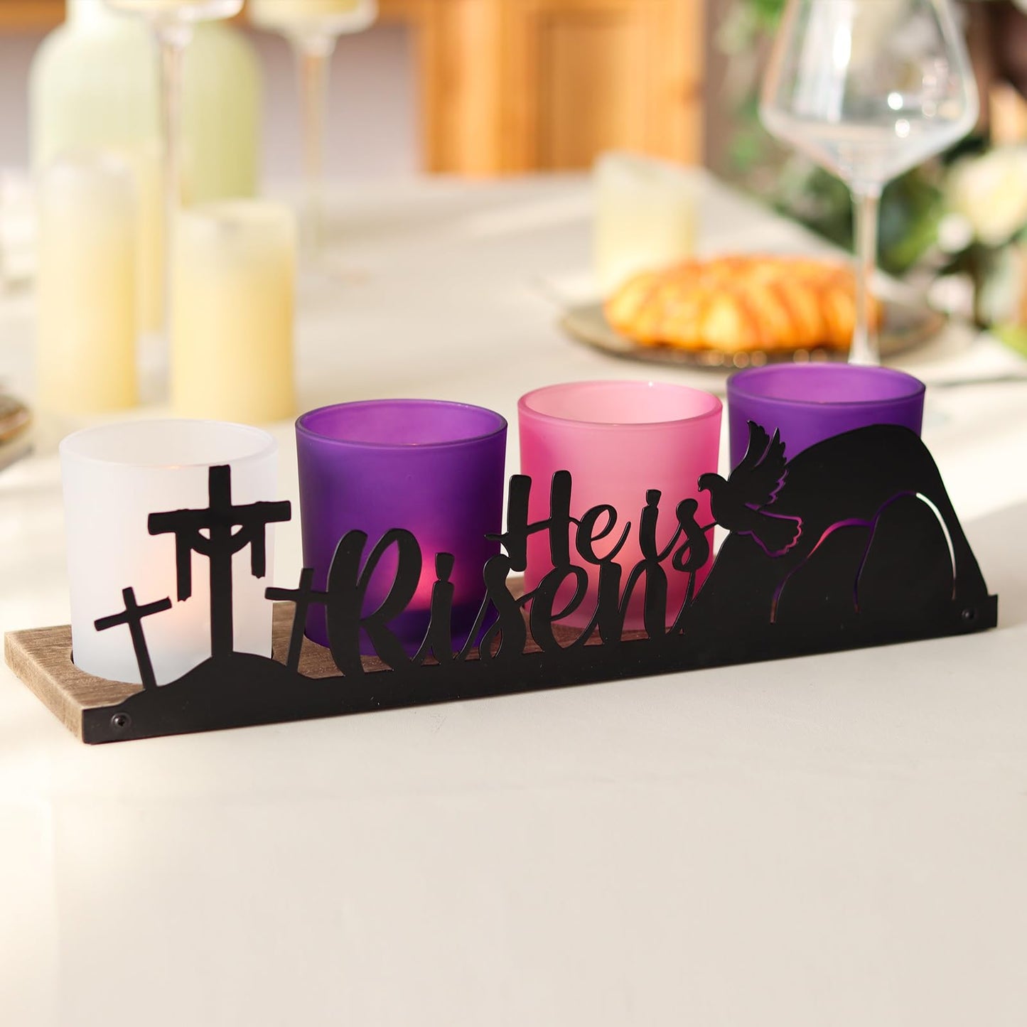 SYFURNIX He is Risen Easter Decor, 4 Glass Votive Tealight Candle Holders & 1 Wooden Tray, Easter Religious Decor for Church Event Pray Table Centerpiece, Christian Gift