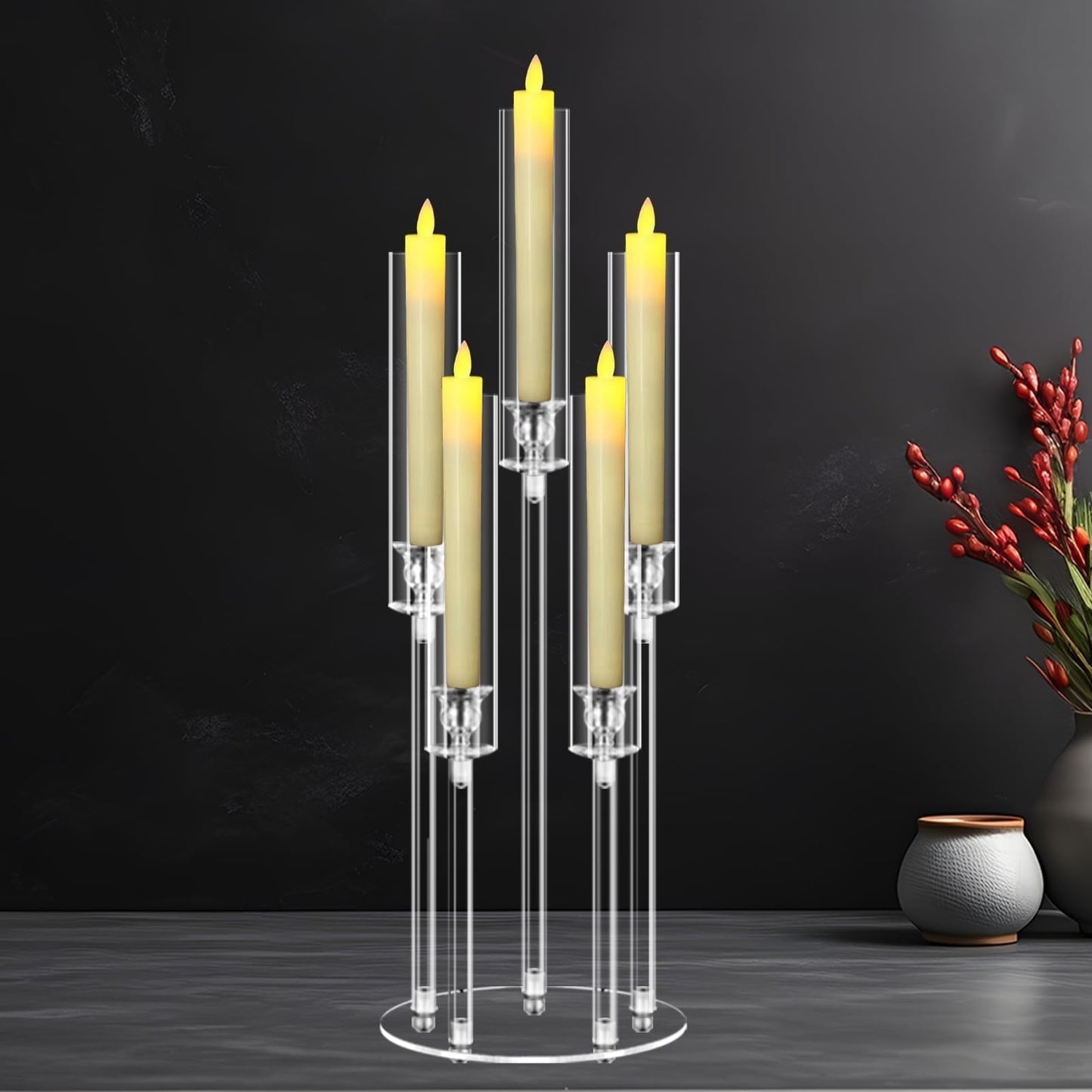 5 Arms Acrylic Candelabra Centerpieces for Tables, Clear Candle Holder for Halloween Christmas Wedding Party Decor, 27" Tall Candlestick Holders with Lampshade, Fits LED Candle(1pcs)