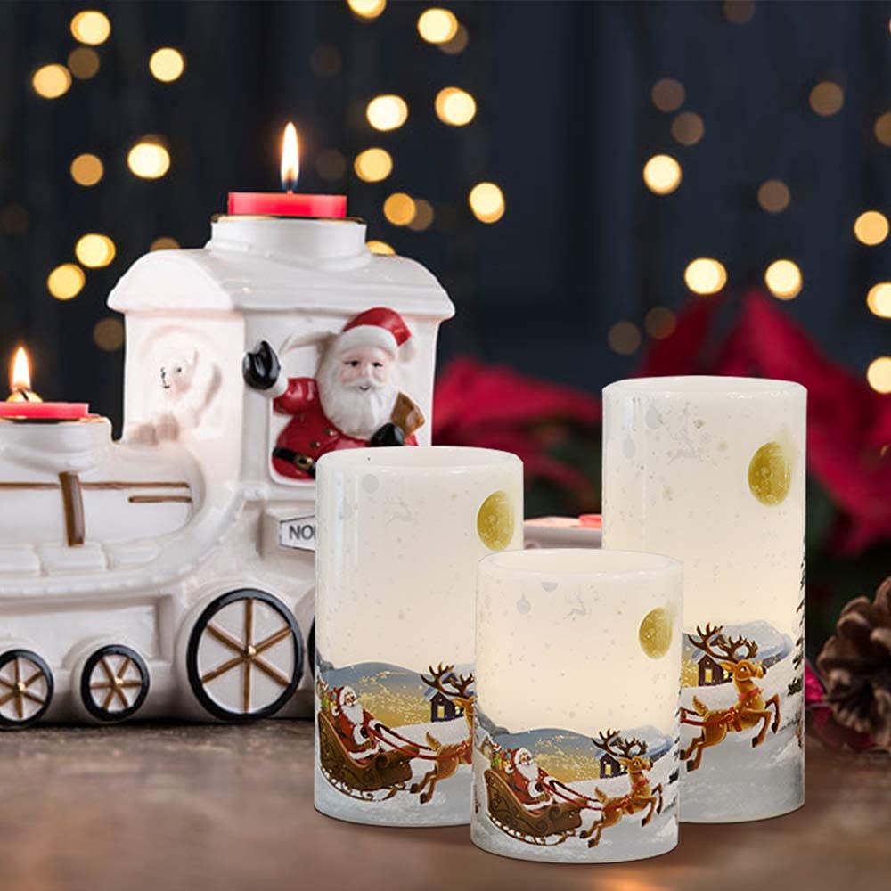 Eldnacele Christmas Flameless Candles with Timer, LED Flickering Battery Pillar Candles with 6H Timer and Santa Snowman Decals, Festival Winter Party Decoration Set of 3 (D 3” x H 4” 5” 6”) - Santa