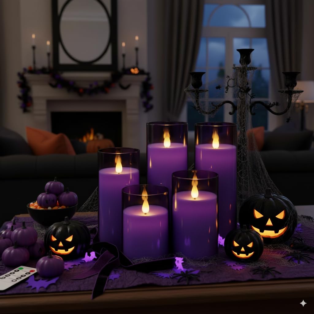 Homemory Purple Flickering Flameless Candles, Battery Operated Acrylic LED Pillar Candles with Remote Control and Timer, Purple Decor, Set of 5