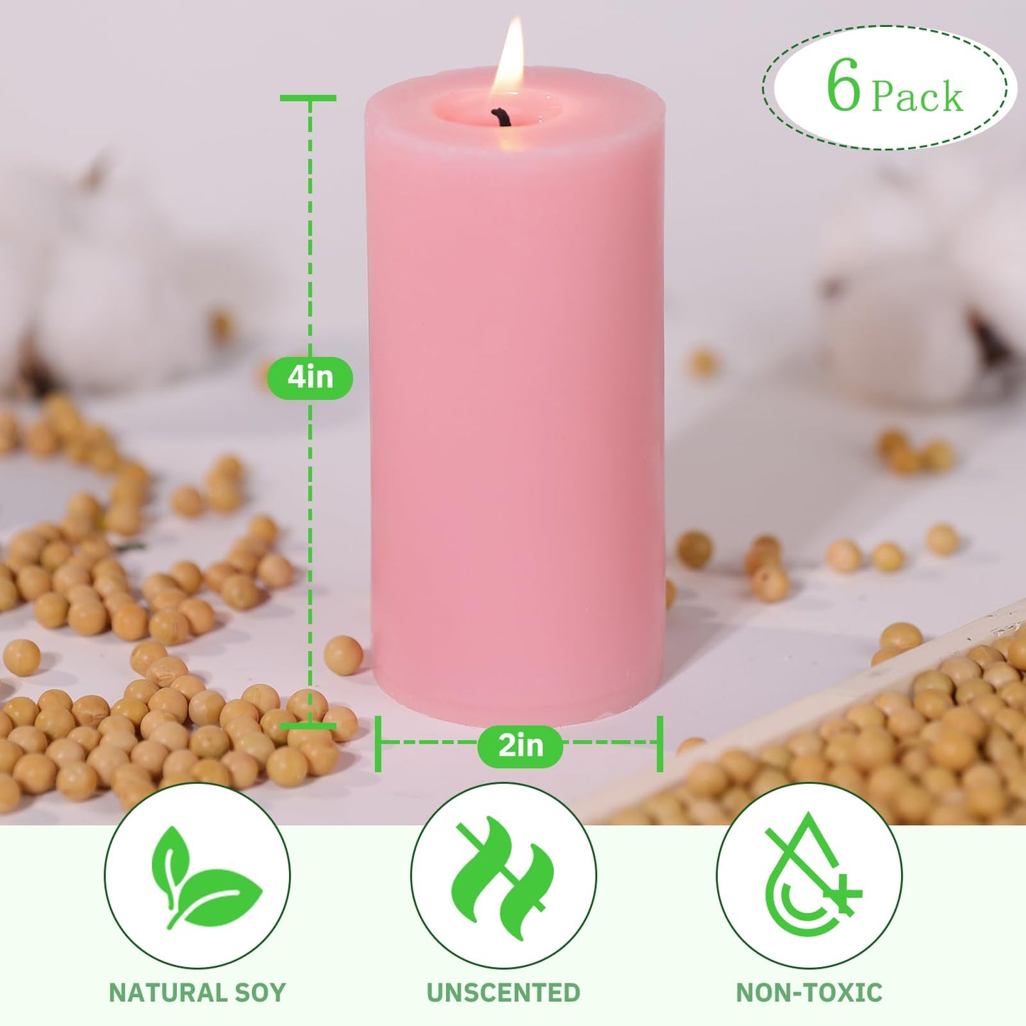 6 Pack Pink Soy Pillar Candles for Women Gift, Handmade Baby Shower Candles Unscented Pillar Candle, 210 Hours Natural Soybean Candle for Wedding, Home, Party, Smokeless & Dripless-2x4in