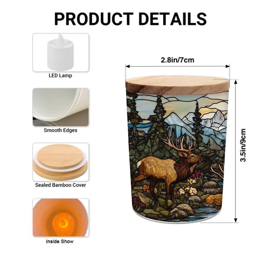 Stained Glass Elks Tea Light Candle Holders, Deer Tealight Candle Holder Jar with Wooden Lid, Pine Tree Votive Candlesticks for Table Centerpieces, Christmas,Birthday Party,Home Decor