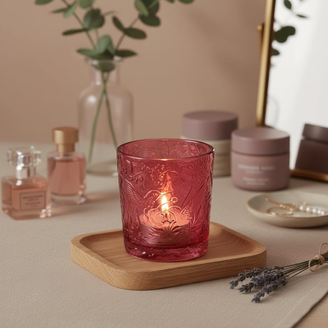 6 Pack Hummingbird Embossed Glass Candle Holders Votive Tealight Holders with Patent Design, Decorative Glass Cups for Wedding Centerpieces, Parties, and Home Decor (Wildberry Red)